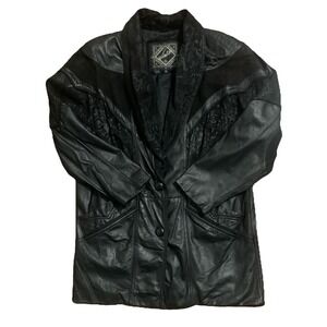 VTG Winlit womens Coat Genuine Leather sz M‎ Black Suede Trim Classic 80s Retro